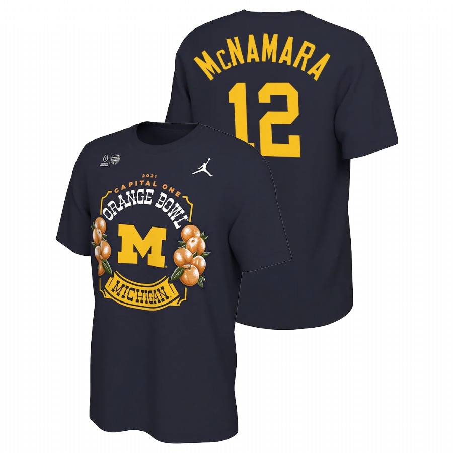 Michigan Wolverines Men's NCAA Cade McNamara #12 Navy 2021 Orange Bowl Locker Room College Football T-Shirt UGK6449EV